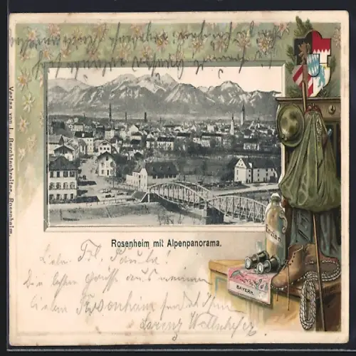 Passepartout-Lithographie Rosenheim, Ortsansicht mit Alpenpanorama, Wappen
