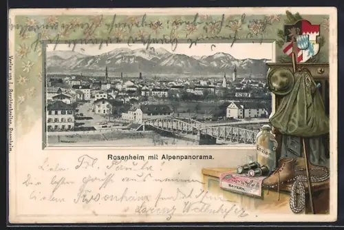 Passepartout-Lithographie Rosenheim, Ortsansicht mit Alpenpanorama, Wappen