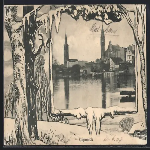 Grusskarten-AK Berlin-Köpenick, Cöpenick, Ortsansicht vom Wasser aus, Landschaft im Schnee