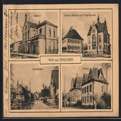 AK Denzlingen, Bahnhof, Rathaus, Pfarrhaus und Kriegerdenkmal, Haupstrasse, Postamt