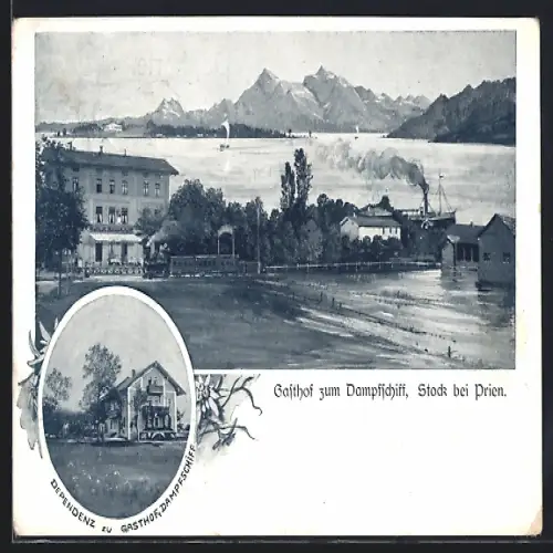 AK Stock, Gasthof zum Dampfschiff mt Dedendenz, Eisenbahn, Dampfer
