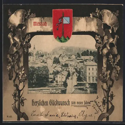 AK Miesbach, Ortspartie mit Strasse, Wappen, Passepartout