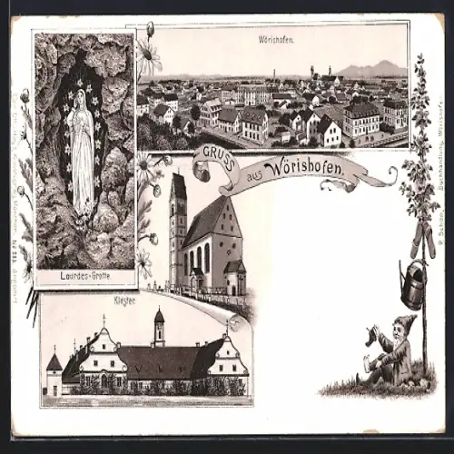 Lithographie Bad Wörishofen, Kloster, Lourdes-Grotte, Ortsansicht, Zwerg