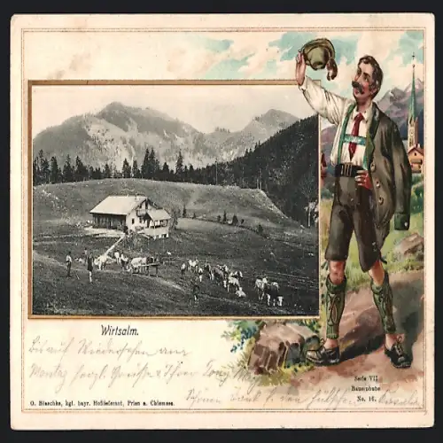 Passepartout-Lithographie Fischbachau, Wirtsalm, Mann in Tracht
