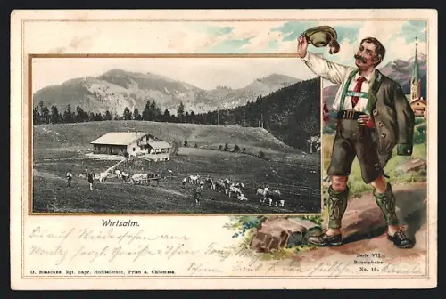 Passepartout-Lithographie Fischbachau, Wirtsalm, Mann in Tracht