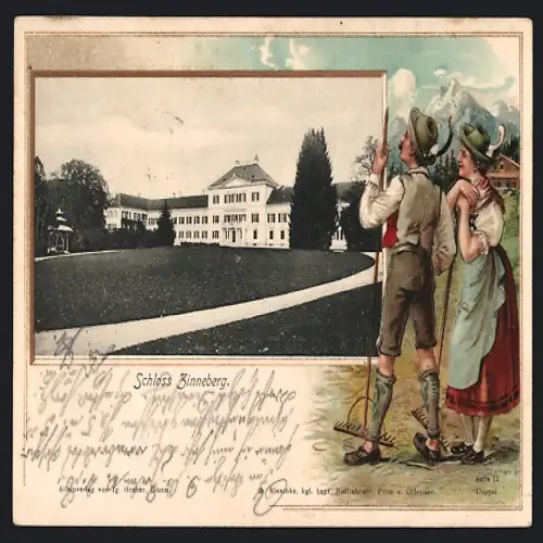 Passepartout-Lithographie Zinneberg, Schloss, Paar in Tracht