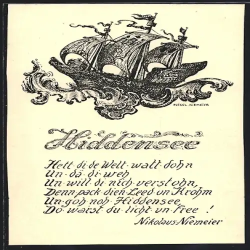 Künstler-AK sign. Nikolaus Niemeier: Hiddensee, Segelschiff auf hoher See