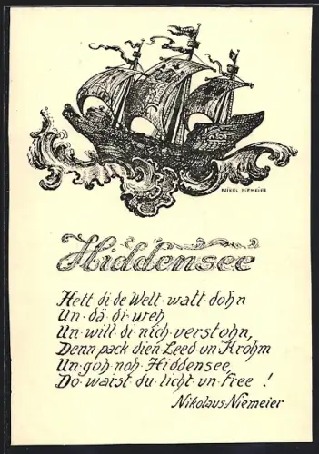 Künstler-AK sign. Nikolaus Niemeier: Hiddensee, Segelschiff auf hoher See