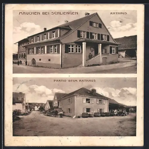 AK Mauchen / Schliengen, Rathaus, Strassenpartie, Pferdegespann
