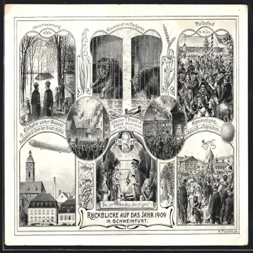 AK Schweinfurt, Rückblicke auf das Jahr 1909, Überschwemmung, Volksfest