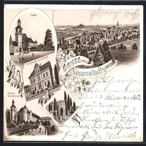 Lithographie Neuenstadt / Linde, Gasthof zum Rössle, Ruine der Helmbundkirche, Linde, Schloss
