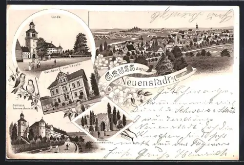 Lithographie Neuenstadt / Linde, Gasthof zum Rössle, Ruine der Helmbundkirche, Linde, Schloss