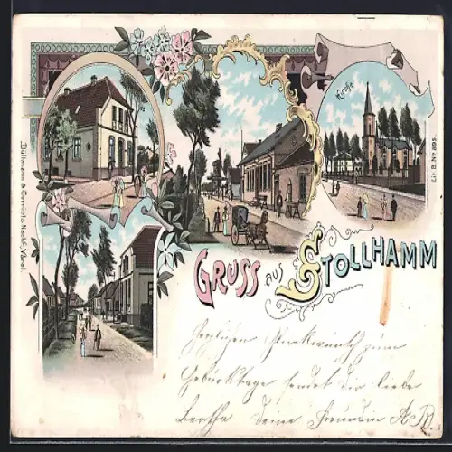 Lithographie Stollhamm, Kirche, Strassenansichten aus dem Ort