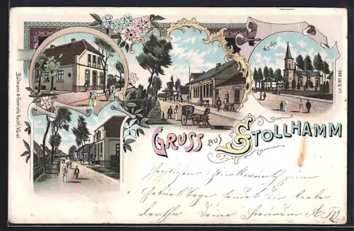 Lithographie Stollhamm, Kirche, Strassenansichten aus dem Ort