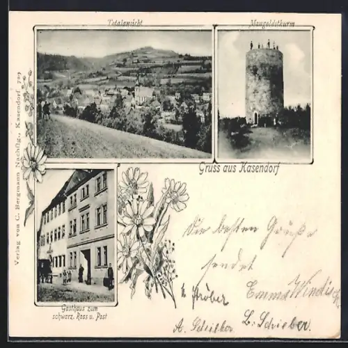 AK Kasendorf / Fränkische Schweiz, Gasthaus zum schwarz. Ross und Post, Mangoldsthurm, Totalansicht