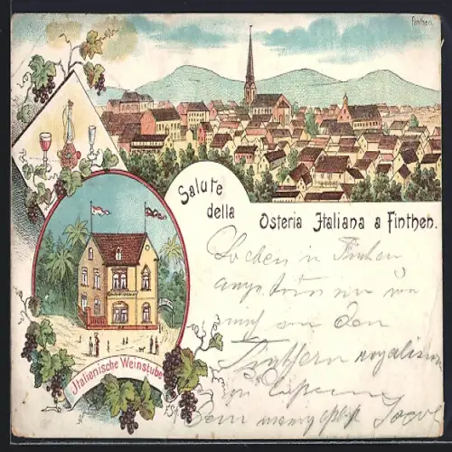 Lithographie Finthen, Osteria Italiana, Italienische Weinstube, Ortsansicht aus der Vogelschau