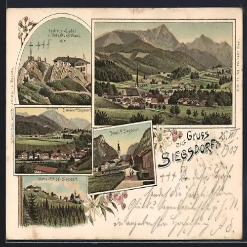 Lithographie Siegsdorf, Hochfelln-Gipfel und Unterkunftshaus, Ortsansicht