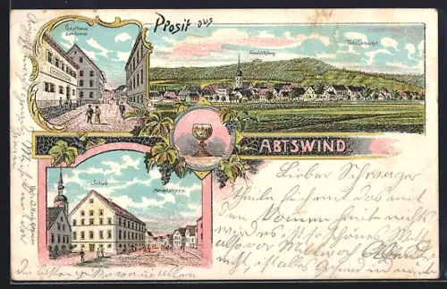 Lithographie Abtswind, Gasthaus zur Krone, Schule, Hauptstrasse