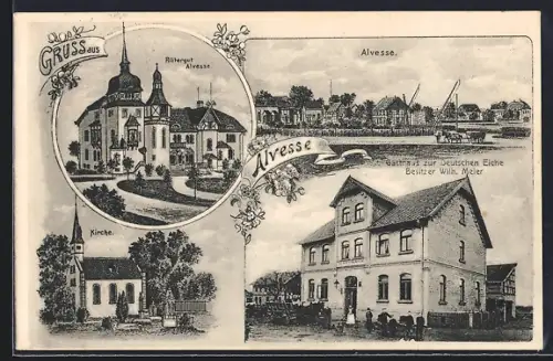 AK Alvesse / Vechelde, Gasthaus zur Deutschen Eiche, Bes. Wilh. Meier, Rittergut, Kirche