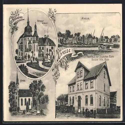 AK Alvesse / Vechelde, Gasthaus zur Deutschen Eiche, Bes. Wilh. Meier, Rittergut, Kirche