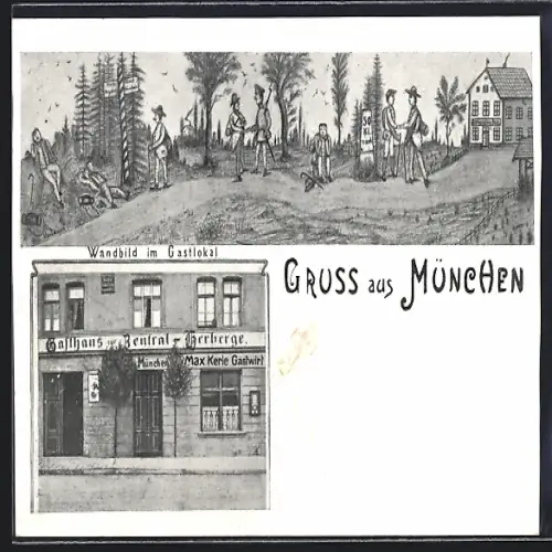AK München, Gasthaus zur Zentral-Herberge v. Max Kerle, Am Glockenbach 10, jetzt Pestalozzistrasse