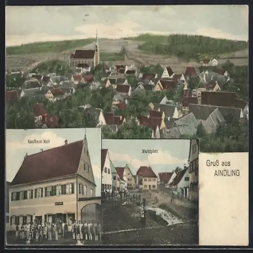 AK Aindling, Kaufhaus Mair, Marktplatz, Ortsansicht aus der Vogelschau