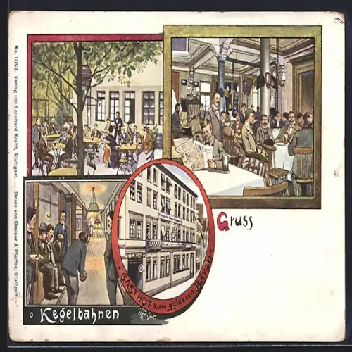 Lithographie Stuttgart, Gasthof zum goldenen Bären, Kegelbahnen