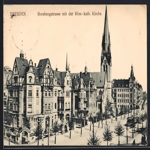 AK Dresden, Borsbergstrasse mit der Röm.-kath. Kirche
