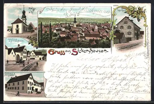 Lithographie Sickershausen, Gasthaus z. grünen Baum, Gasthaus z. gold. Löwen, Ortsansicht