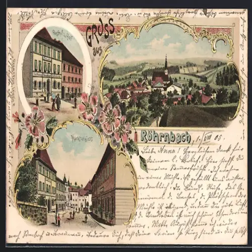 Lithographie Röhrnbach, Totalansicht, Gasthaus zur Post, Markt