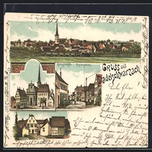 Lithographie Stadelschwarzach, Post-Expedition, Ortsstrasse, Ortsansicht aus der Vogelschau