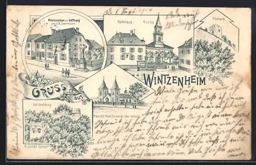 Lithographie Wintzenheim, Restauration zur Hoffnung v. J. B. Isenmann, Rathaus, Kirche