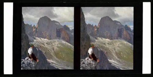 Stereo-Fotografie Chromoplast No. 3, Blick vom Cigolade-Pass in den Dolomiten, Bergsteiger