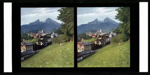 Stereo-Fotografie Chromoplast No. 6, Ansicht Berchtesgaden, Blick nach dem Ort mit Watzmann