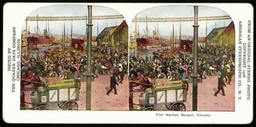 Stereo-Fotografie Lichtdruk, Ansicht Bergen, Fish Market in Norway
