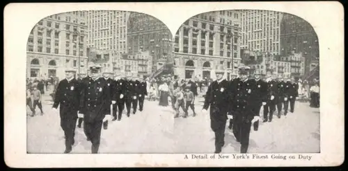 Stereo-Fotografie Ansicht New York City, New York`s finest going on Duty, Feuerwehr und Polizei