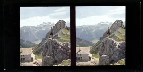 Stereo-Fotografie Chromoplast No. 26, Bergsteiger an der Ostertaghütte, westliche Dolomiten