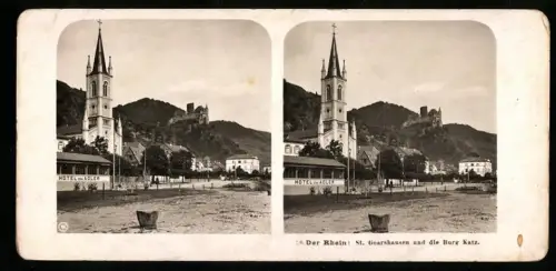 Stereo-Fotografie NPG, Ansicht St. Goarshausen, Hotel Adler mit Blick zur Burg Katz