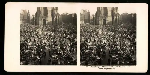 Stereo-Fotografie NPG, Ansicht Hamburg, Obstmarkt auf dem Hopfenmarkt, Marktszene