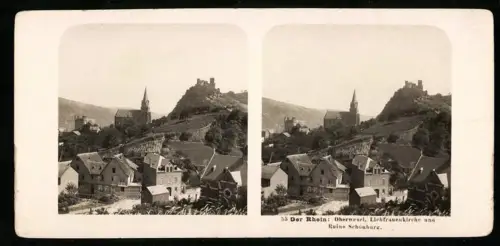 Stereo-Fotografie NPG, Ansicht Oberwesel, Teilansicht des Ortes mit Liebfrauenkirche und Ruine Schönburg