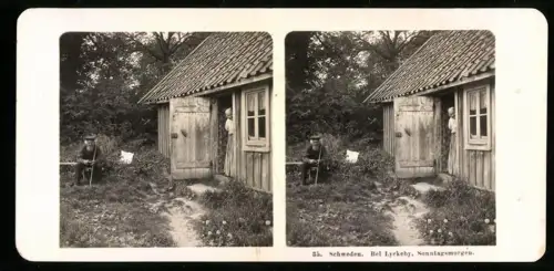 Stereo-Fotografie NPG, Ansicht Lyckeby, älteres schwedisches Paar an ihrer Kate