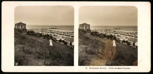 Stereo-Fotografie NPG, Ansicht Borkum, Strandpartie mit dem Musik Pavillon