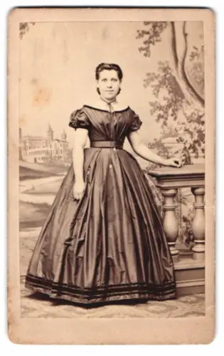 Fotografie Hermann Möbus, Hannover, Nicolaistrasse 1b, Frau mathilde in elegantem Kleid vor einer Studiokulisse