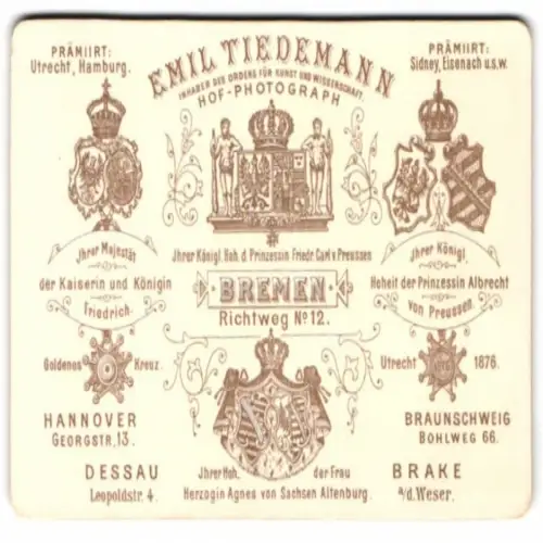 Fotografie Emil Tiedemann, Bremen, Richtweg 12, Anschrift des Ateliers nebst kgl. Wappen & Auszeichnungen