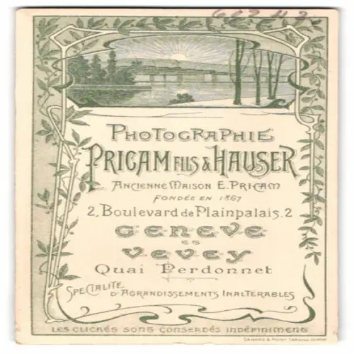 Fotografie Pricam fils & Hauser, Genève, Blvd. de Plainpalais 2, Seelandschaft mit Sonnenaufgang über Atelieranschrift