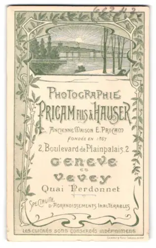 Fotografie Pricam fils & Hauser, Genève, Blvd. de Plainpalais 2, Seelandschaft mit Sonnenaufgang über Atelieranschrift
