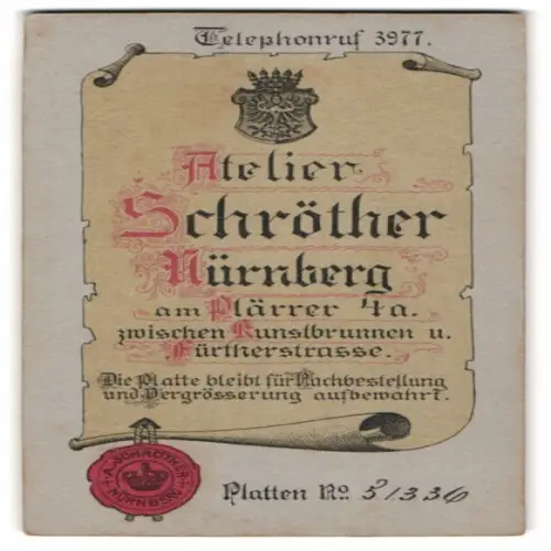 Fotografie Atelier Schröther, Nürnberg, am Plärrer 4a, Anschrift des Ateliers auf Papyrus