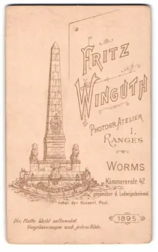Fotografie Fritz Winguth, Worms, Kämmererstr. 42, das Ludwigsdenkmal nebst Anschrift des Ateliers
