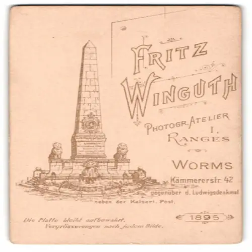 Fotografie Fritz Winguth, Worms, Kämmererstr 42, Anschrift des Ateliers nebst dem Ludwigdenkmal
