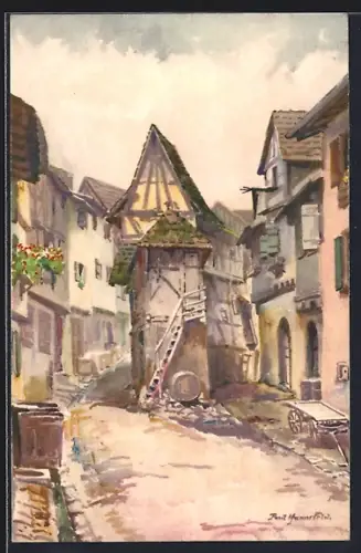 Künstler-AK Eguisheim, Alte Häuser an einer Strasse
